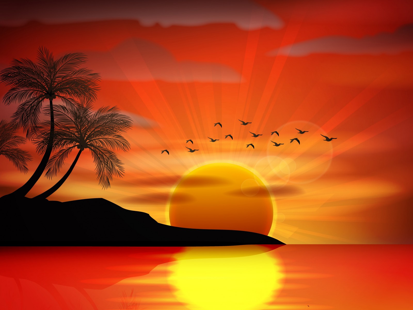 Sunset Sea Paradise Tropical Island Palms Silhouette Birds 1600x1200