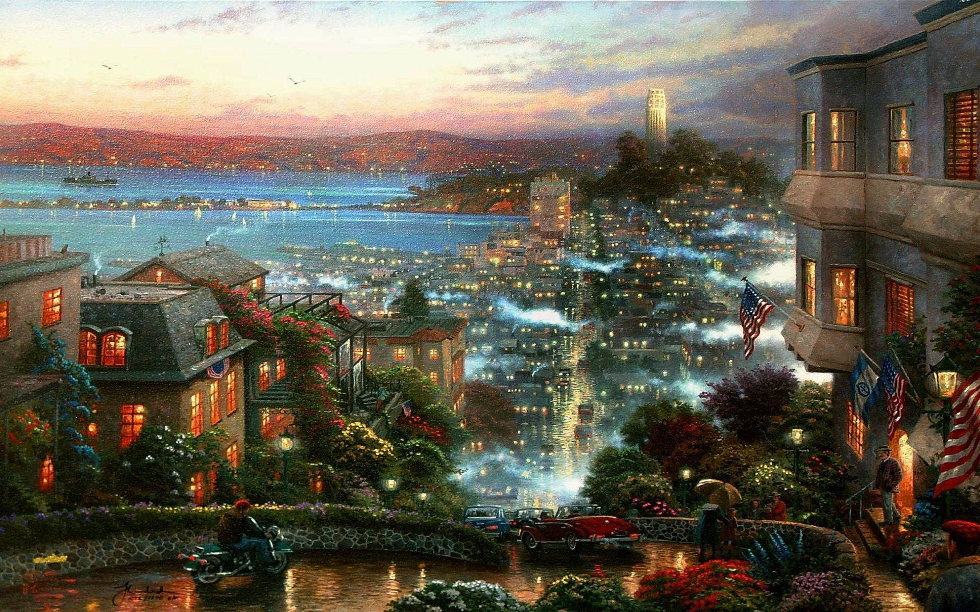 thomas kinkade wallpapers city fog road wallpapers HD Desktop 1920x1200