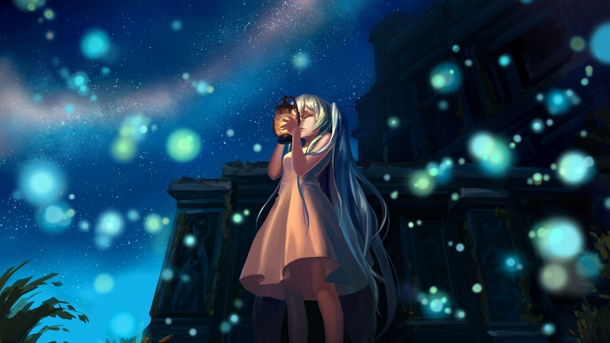 2048x1152 Wallpaper anime girl glow lights night lamp