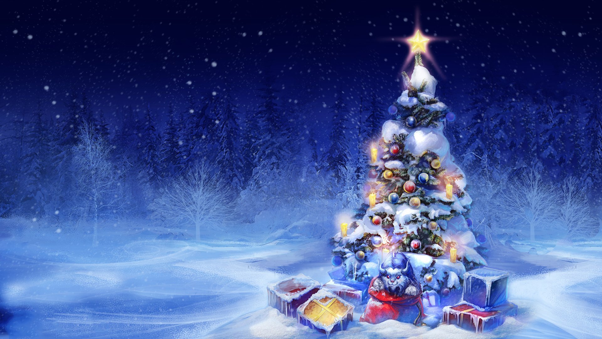 christmas tree gifts lights new year snow toys HD wallpaper 1920x1080