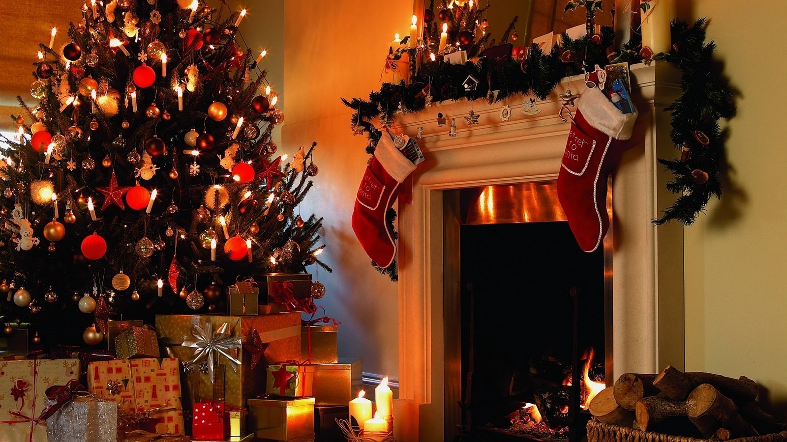 christmas tree and fireplace wallpaper christmas tree nature wallpaper 1600x900