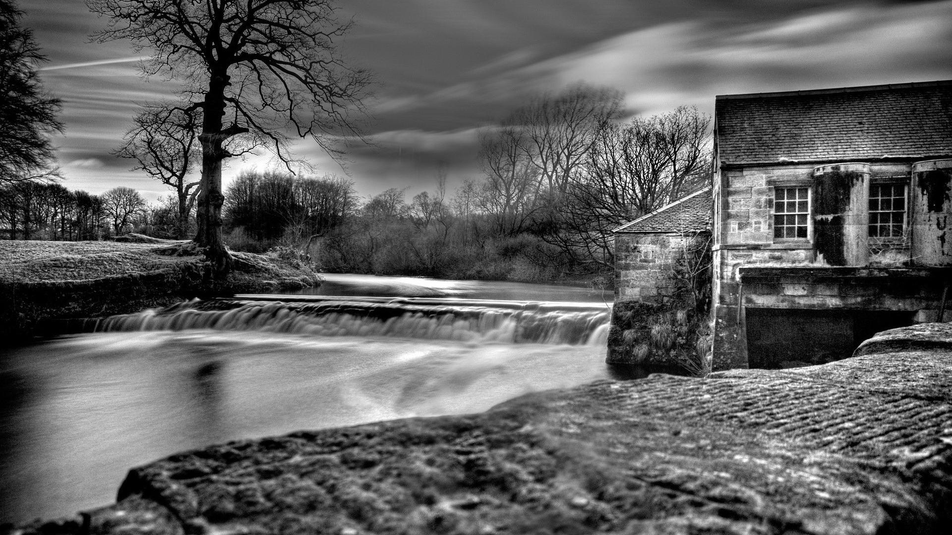 Water black and white landscapes nature dam house wallpaper 41399 1920x1080