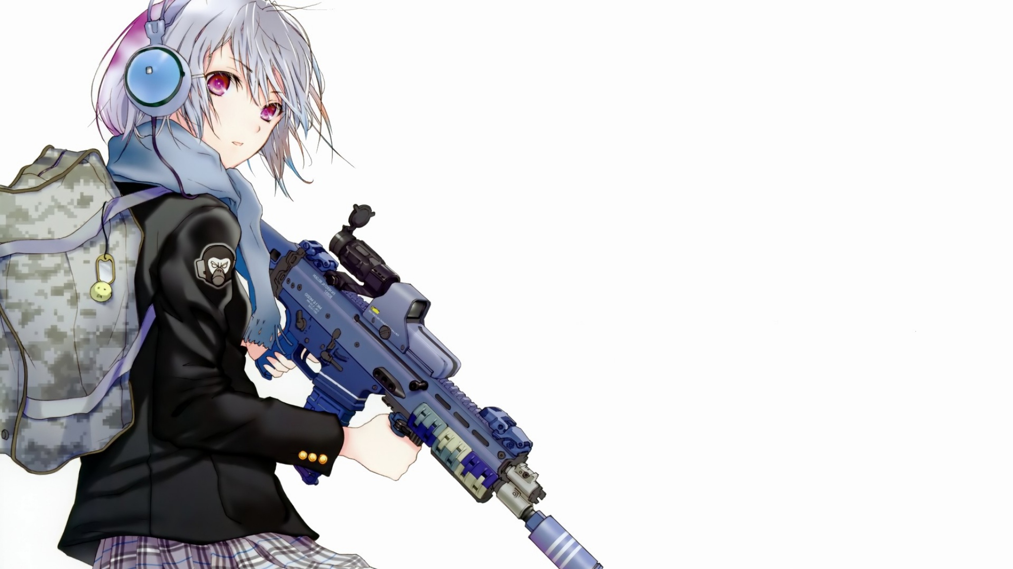 Download 2048x1152 Anime Girl Attitude Backpack Weapons Wallpaper