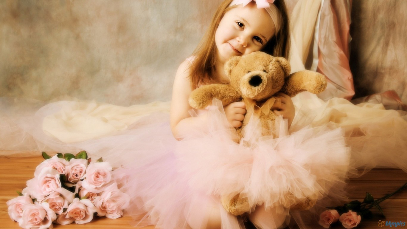 Cute Little Baby Girl With Teddy Bear And Rose Flowers HD Wallpaper 1366x768