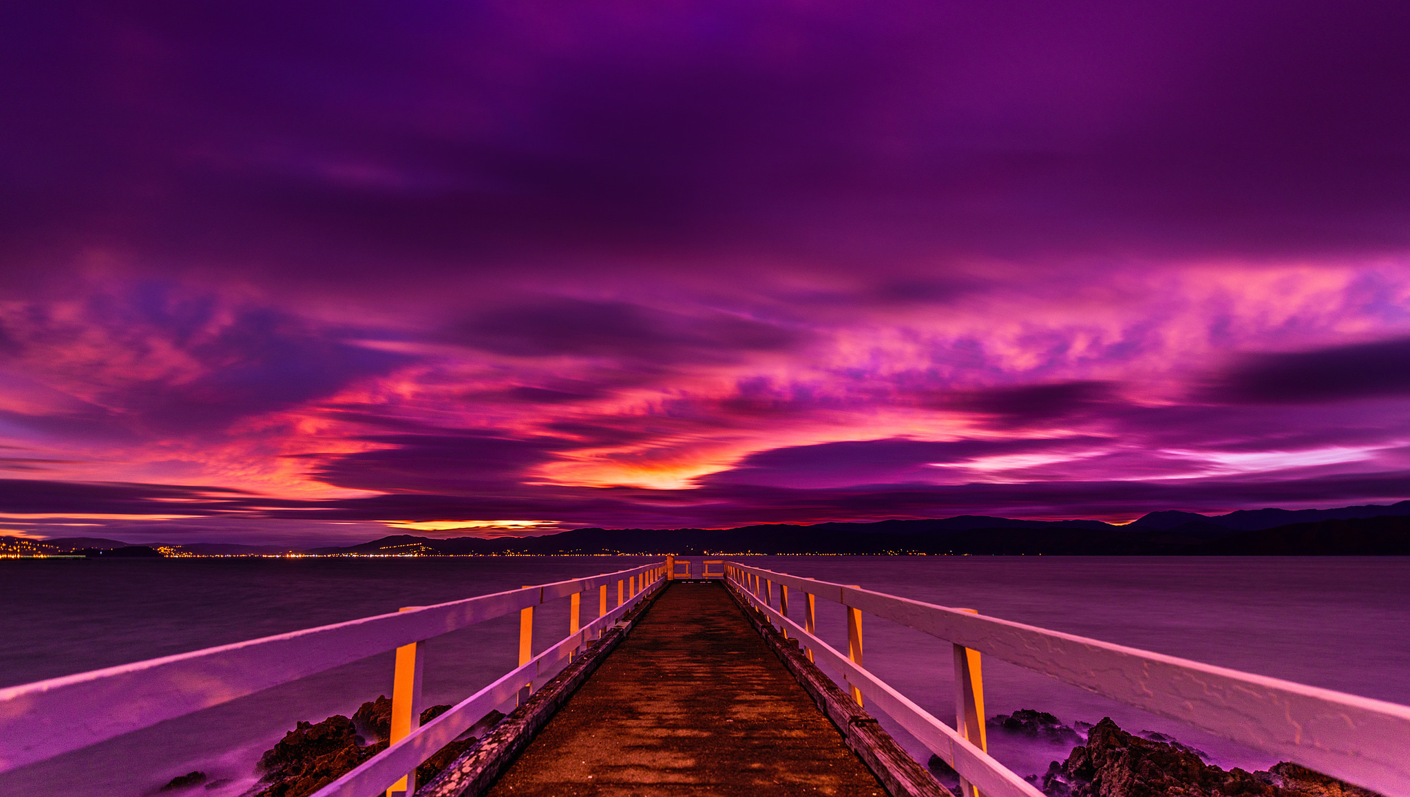 Purple Sunset over Pier Computer Wallpapers Desktop 2048x1158