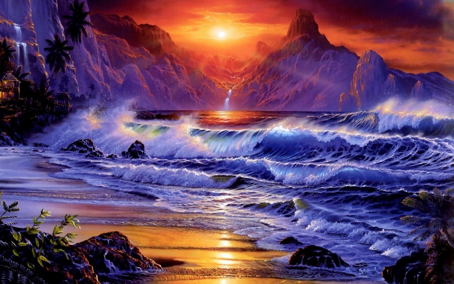 Sunsets Ocean Wallpaper 1920x1200 Sunsets Ocean Waves Fantasy Art 1920x1200