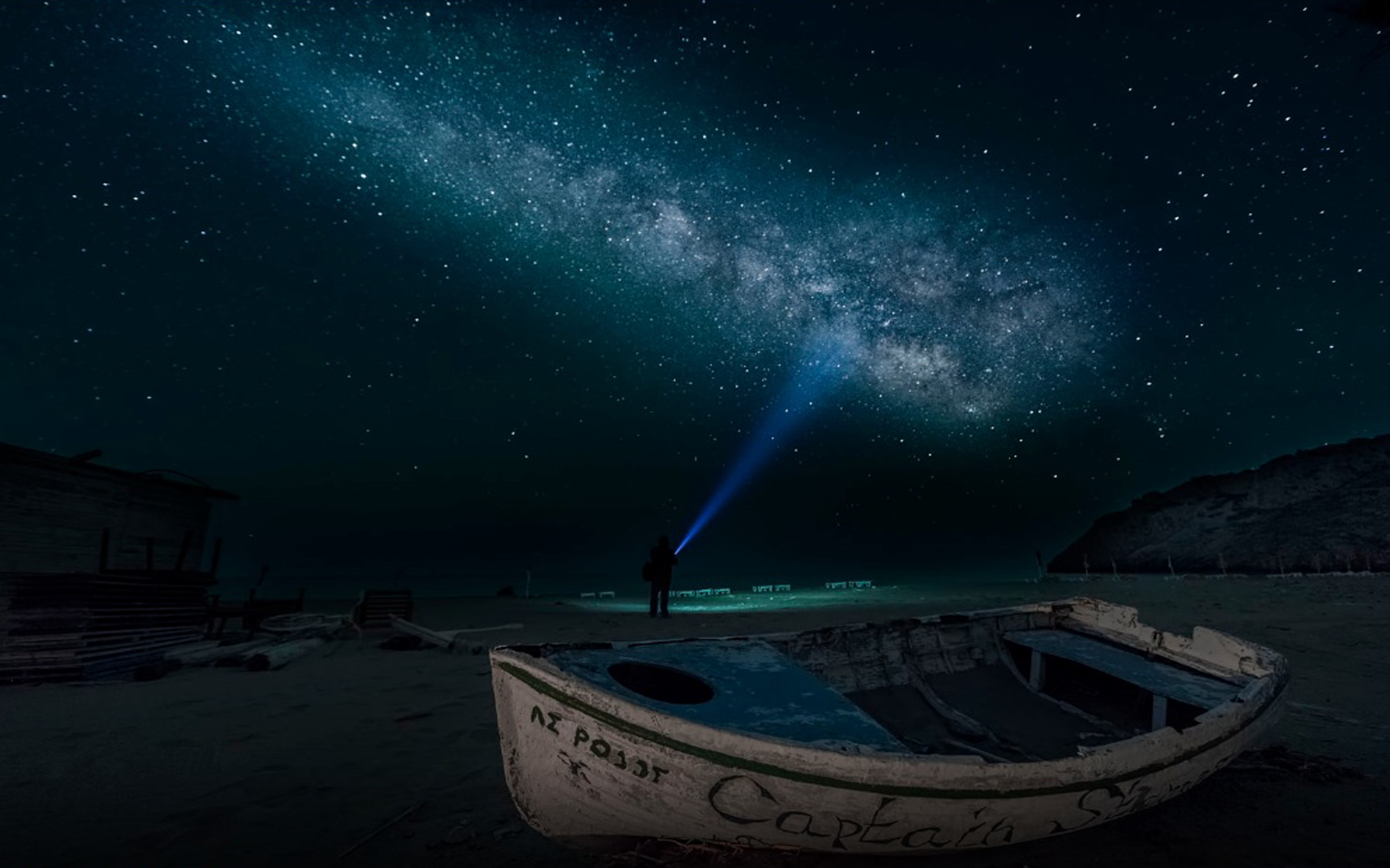 Sandy Beach At Night Time Boat Sky Star Digital Art 2880x1800